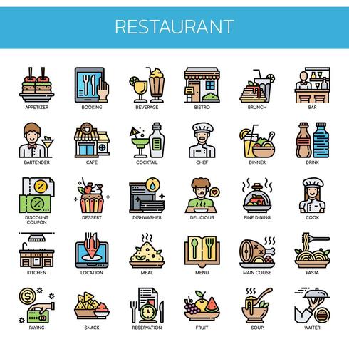 Elementi ristorante, linea sottile e Pixel icone perfette vettore