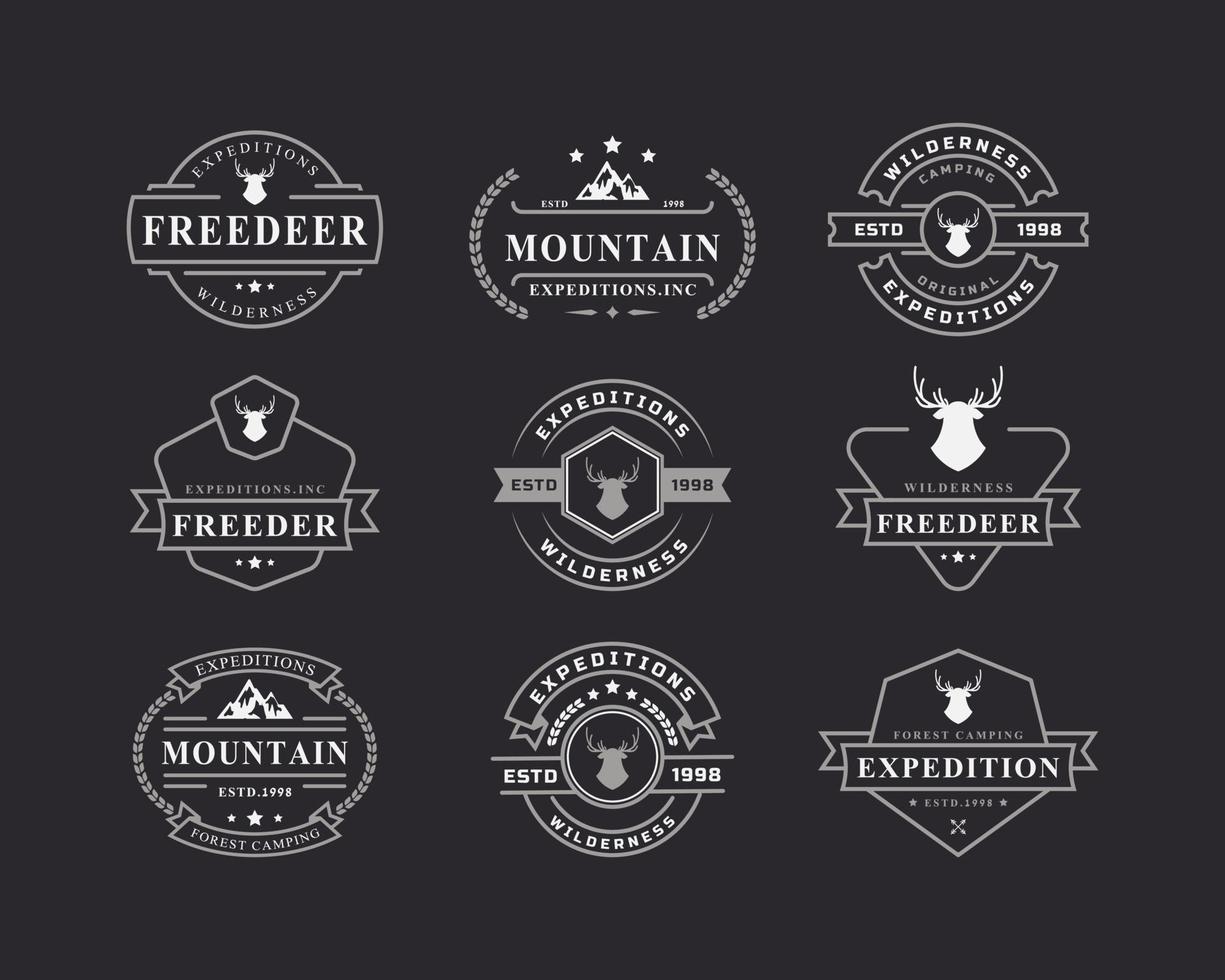 set di elementi di design logo campeggio distintivo retrò vintage e sagome avventura all'aria aperta montagne e illustrazione dell'emblema del campo forestale vettore