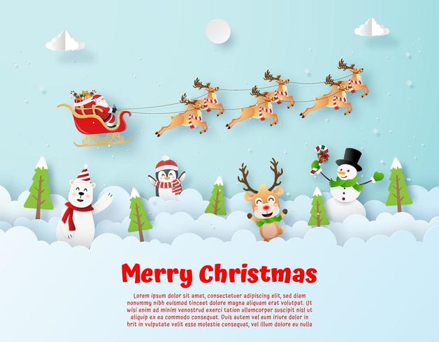 Cartolina di Natale in stile origami di Babbo Natale in cielo vettore