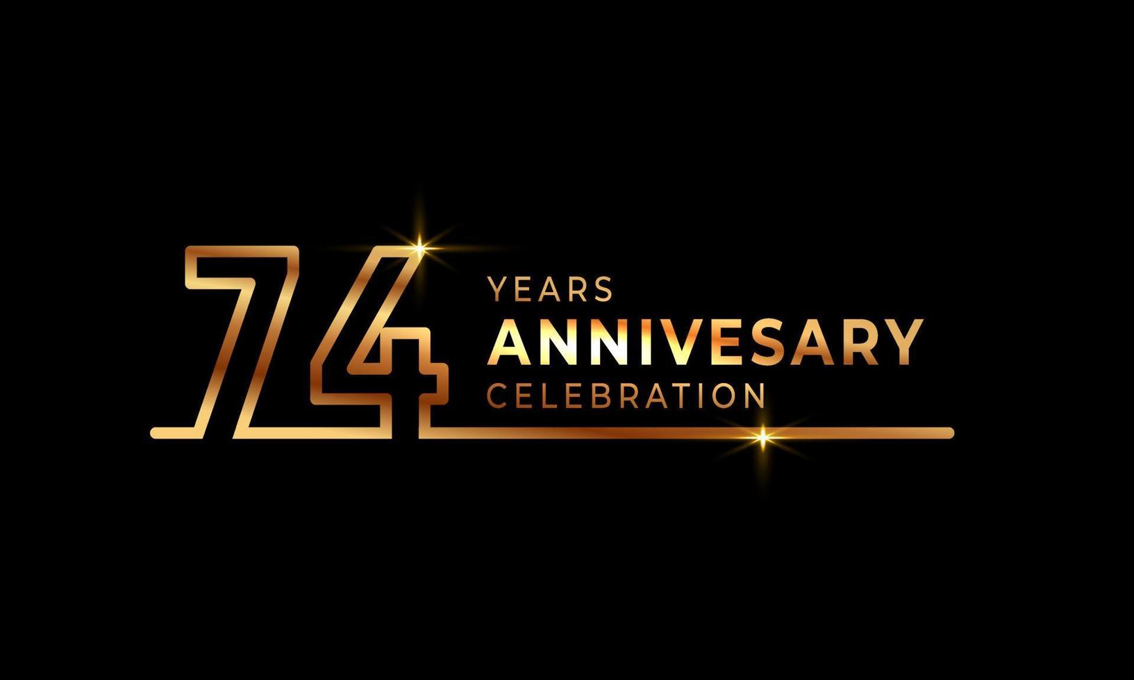 Logotipo di celebrazione dell'anniversario di 74 anni con numeri di carattere color oro costituiti da una linea collegata per eventi celebrativi, matrimoni, biglietti di auguri e inviti isolati su sfondo scuro vettore