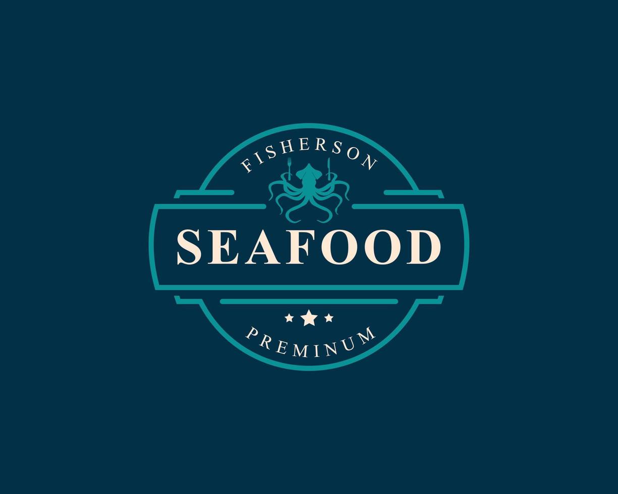 distintivo retrò vintage frutti di mare mercato del pesce e ristorante emblema modello sagome tipografia logo design vettore