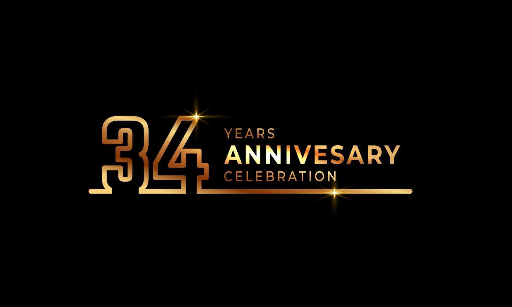 Logotipo di celebrazione dell'anniversario di 34 anni con numeri di carattere color oro costituiti da una linea collegata per eventi celebrativi, matrimoni, biglietti di auguri e inviti isolati su sfondo scuro vettore