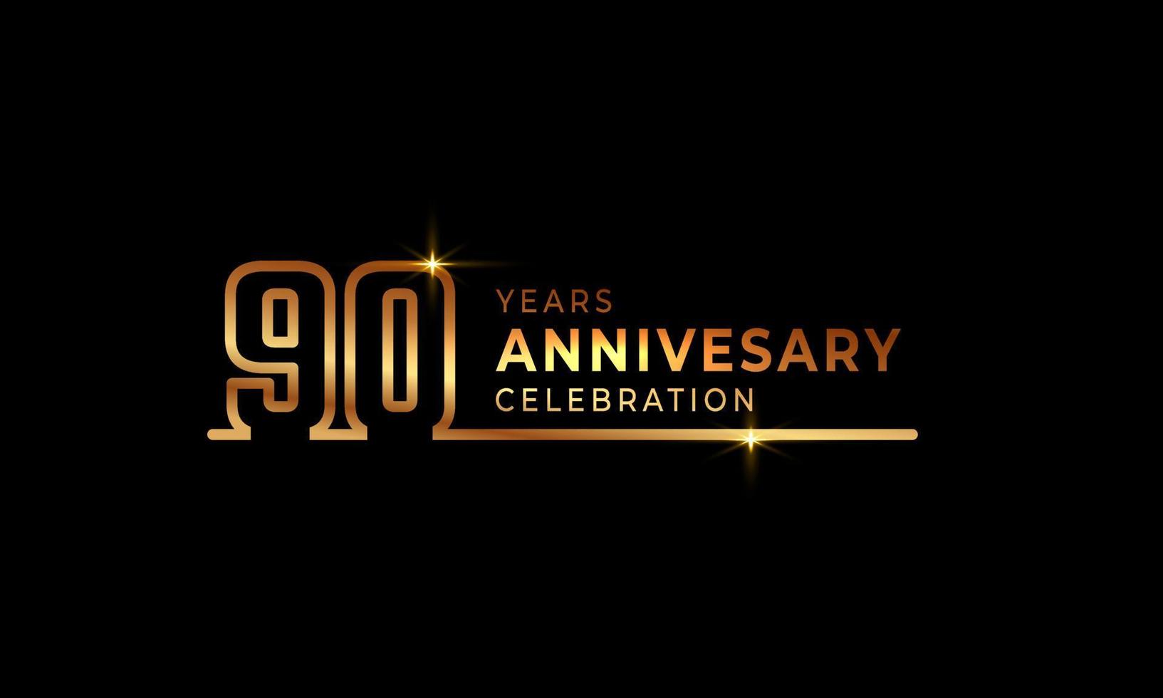 Logotipo di celebrazione dell'anniversario di 90 anni con numeri di carattere color oro costituiti da una linea collegata per eventi celebrativi, matrimoni, biglietti di auguri e inviti isolati su sfondo scuro vettore