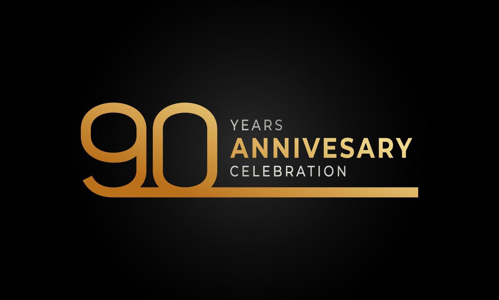 Logotipo di celebrazione dell'anniversario di 90 anni con linea singola color oro e argento per eventi celebrativi, matrimoni, biglietti di auguri e inviti isolati su sfondo nero vettore