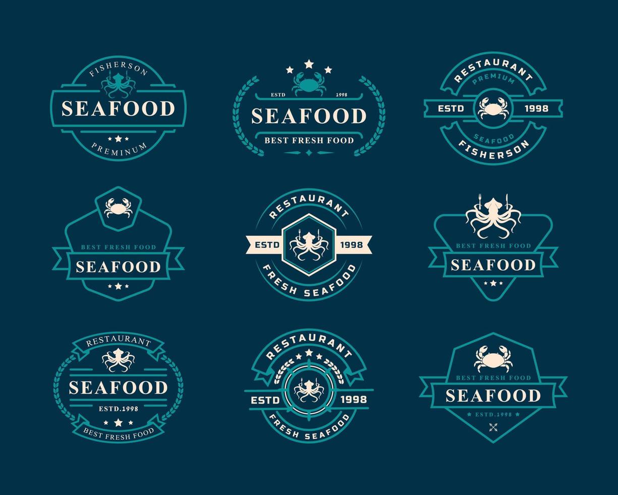 set di vintage retrò distintivo frutti di mare mercato del pesce e ristorante emblema modello sagome tipografia logo design vettore