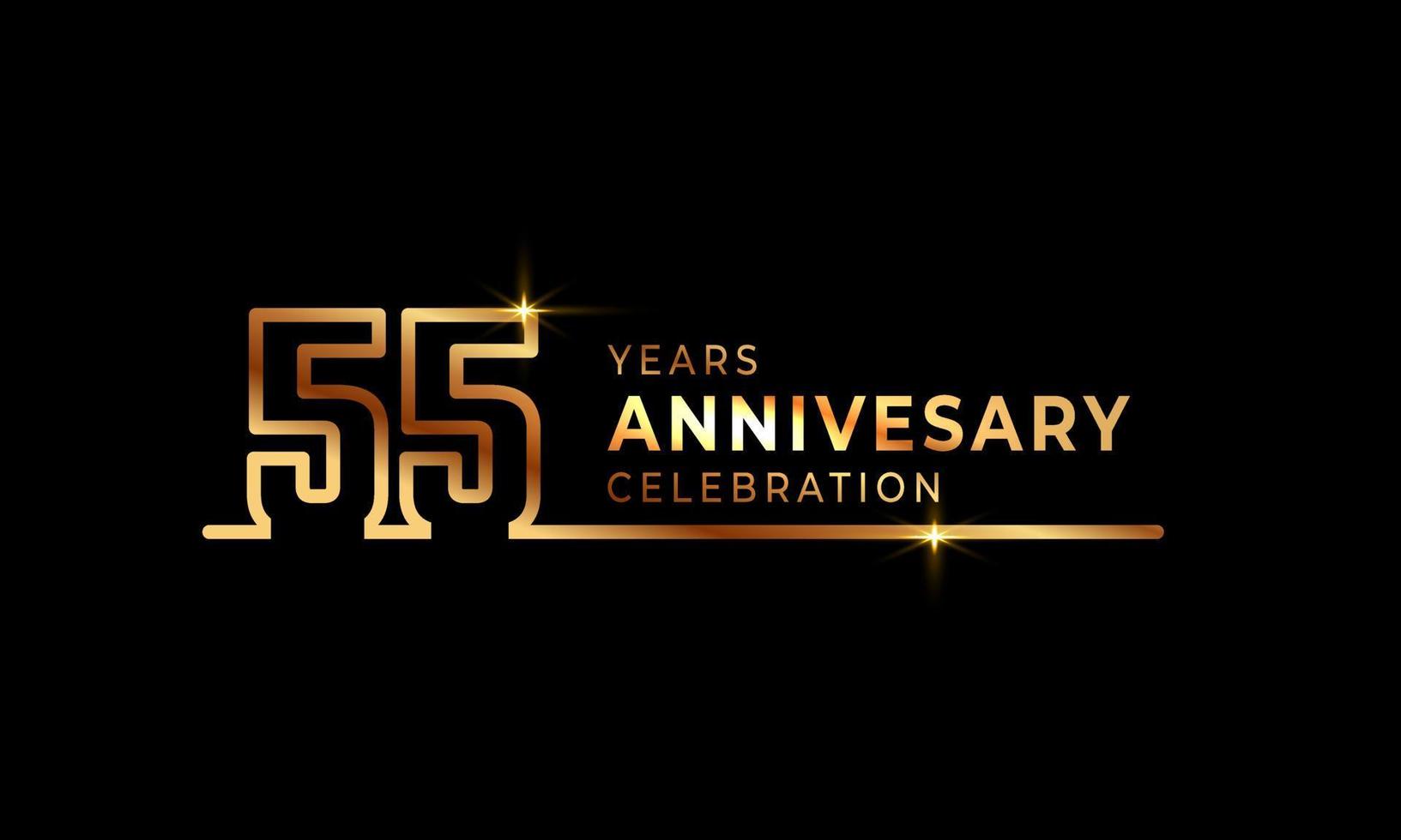 Logotipo di celebrazione dell'anniversario di 55 anni con numeri di carattere dorati costituiti da una linea collegata per eventi celebrativi, matrimoni, biglietti di auguri e inviti isolati su sfondo scuro vettore