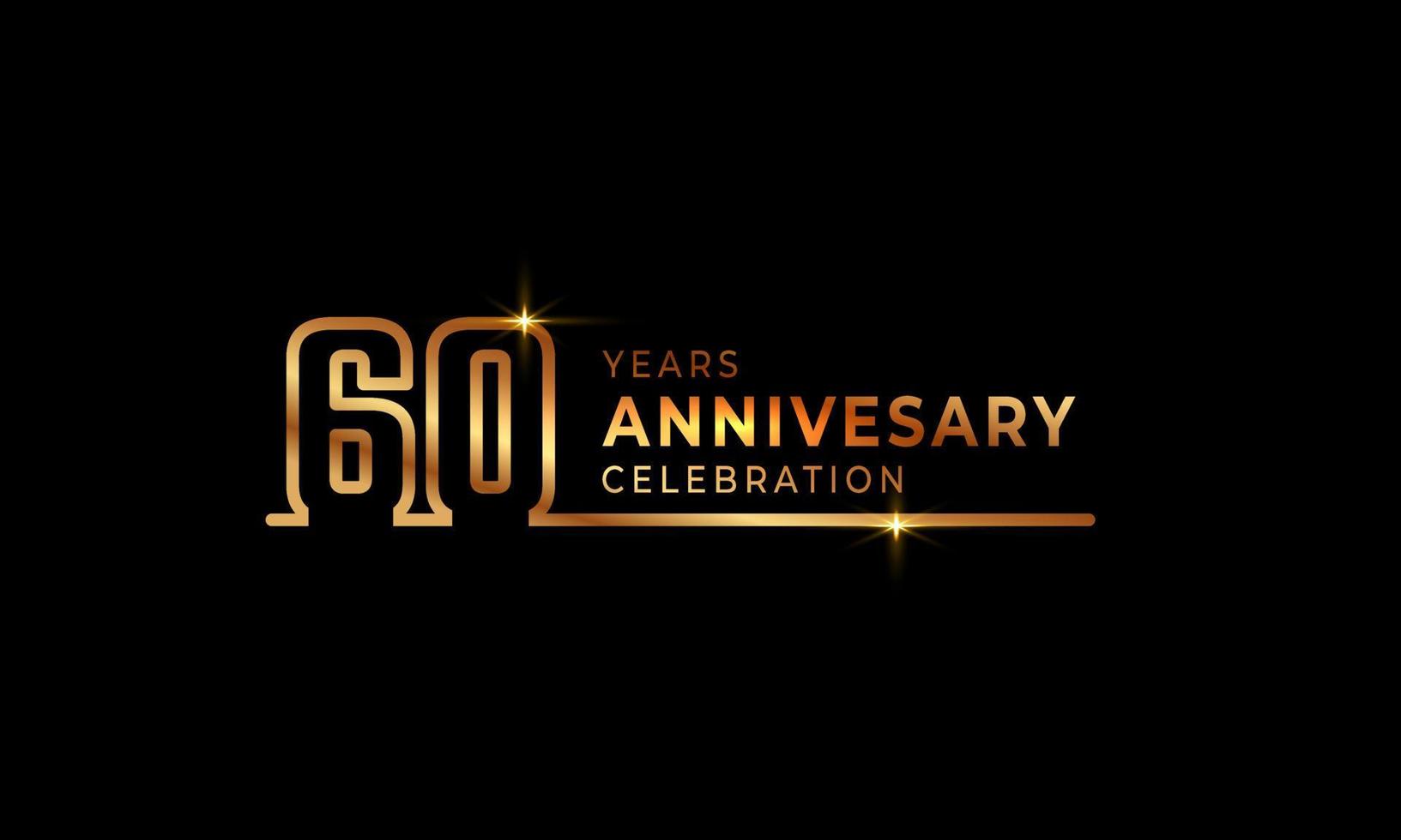 Logotipo di celebrazione dell'anniversario di 60 anni con numeri di carattere color oro costituiti da una linea collegata per eventi celebrativi, matrimoni, biglietti di auguri e inviti isolati su sfondo scuro vettore