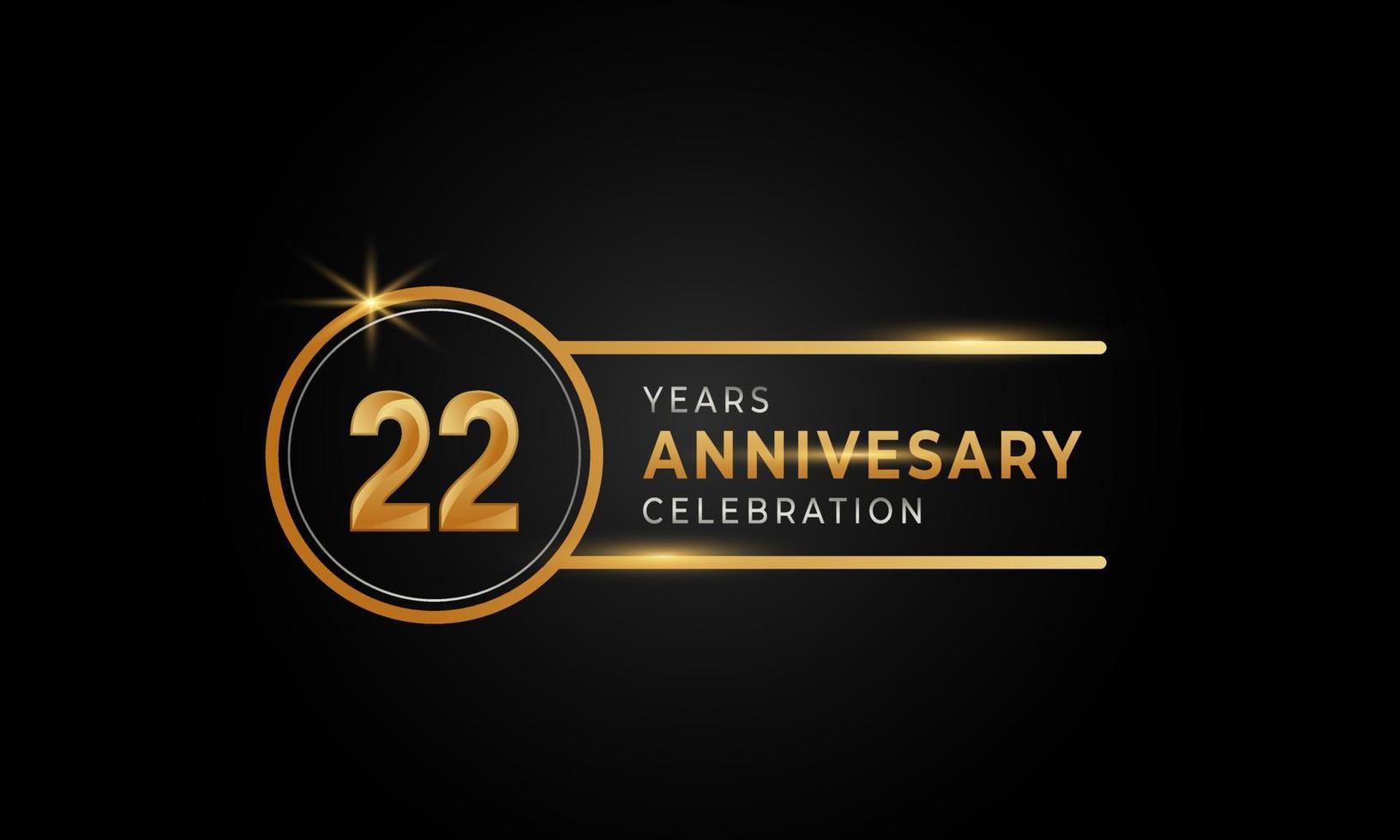 Celebrazione dell'anniversario di 22 anni colore dorato e argento con anello circolare per eventi celebrativi, matrimoni, biglietti di auguri e inviti isolati su sfondo nero vettore