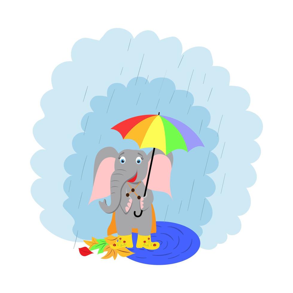 un simpatico elefante cartone animato sta sotto la pioggia con un ombrello in stivali di gomma. autunno. vettore