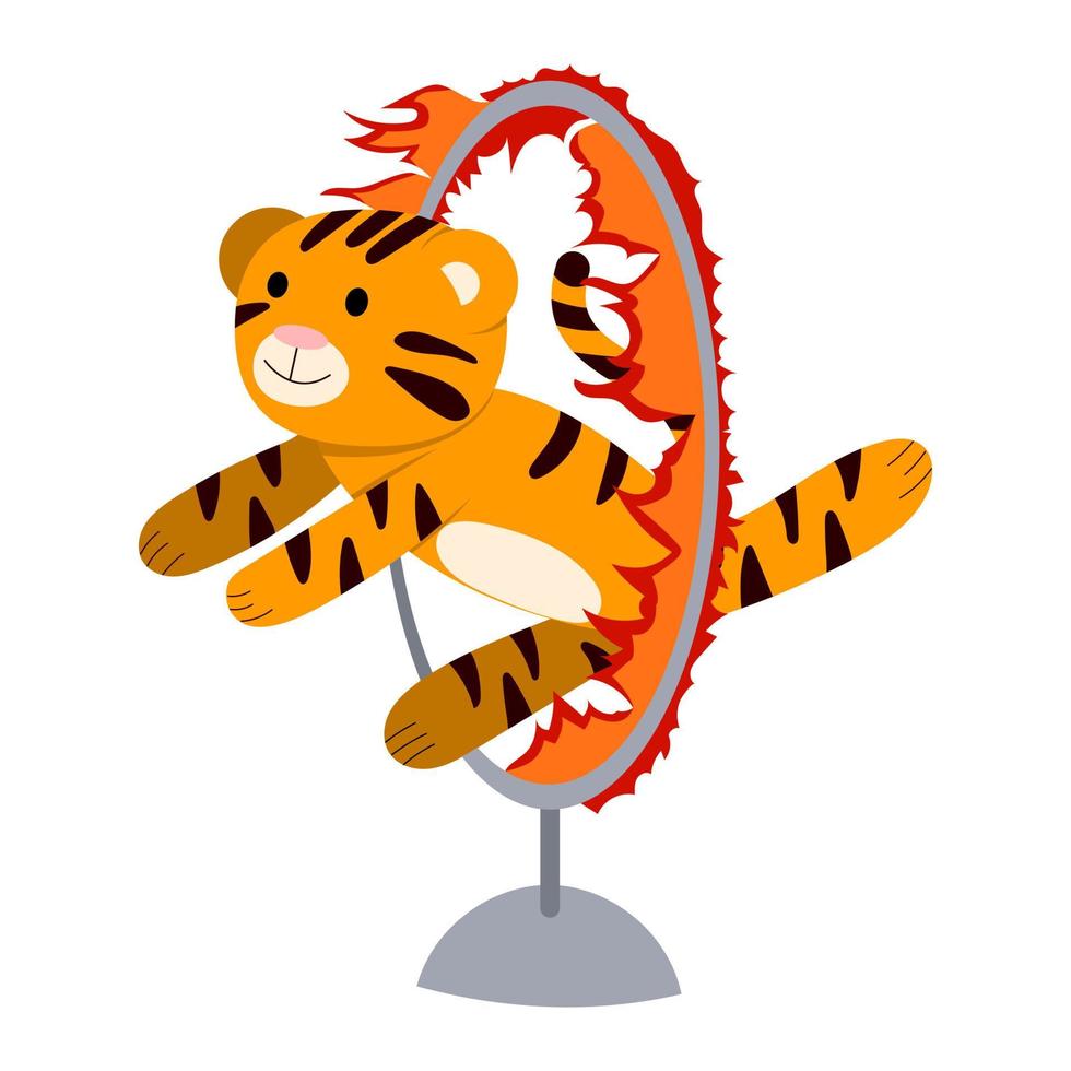 fumetto illustrazione vettoriale per bambini, una tigre salta attraverso un anello in fiamme in un circo