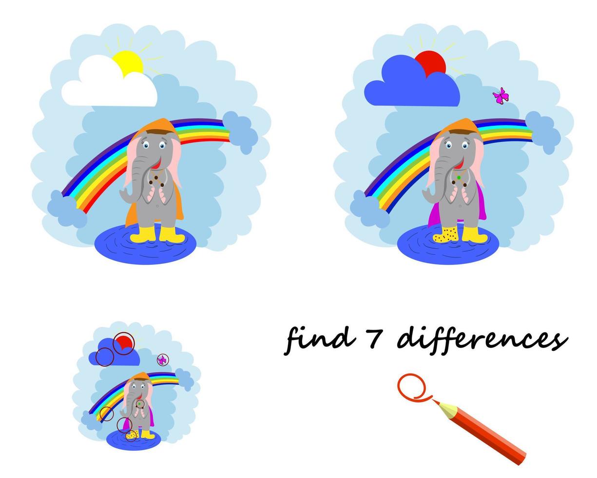 trova la differenza, l'elefante dei cartoni animati è in piedi vicino all'arcobaleno. un gioco per bambini. vettore