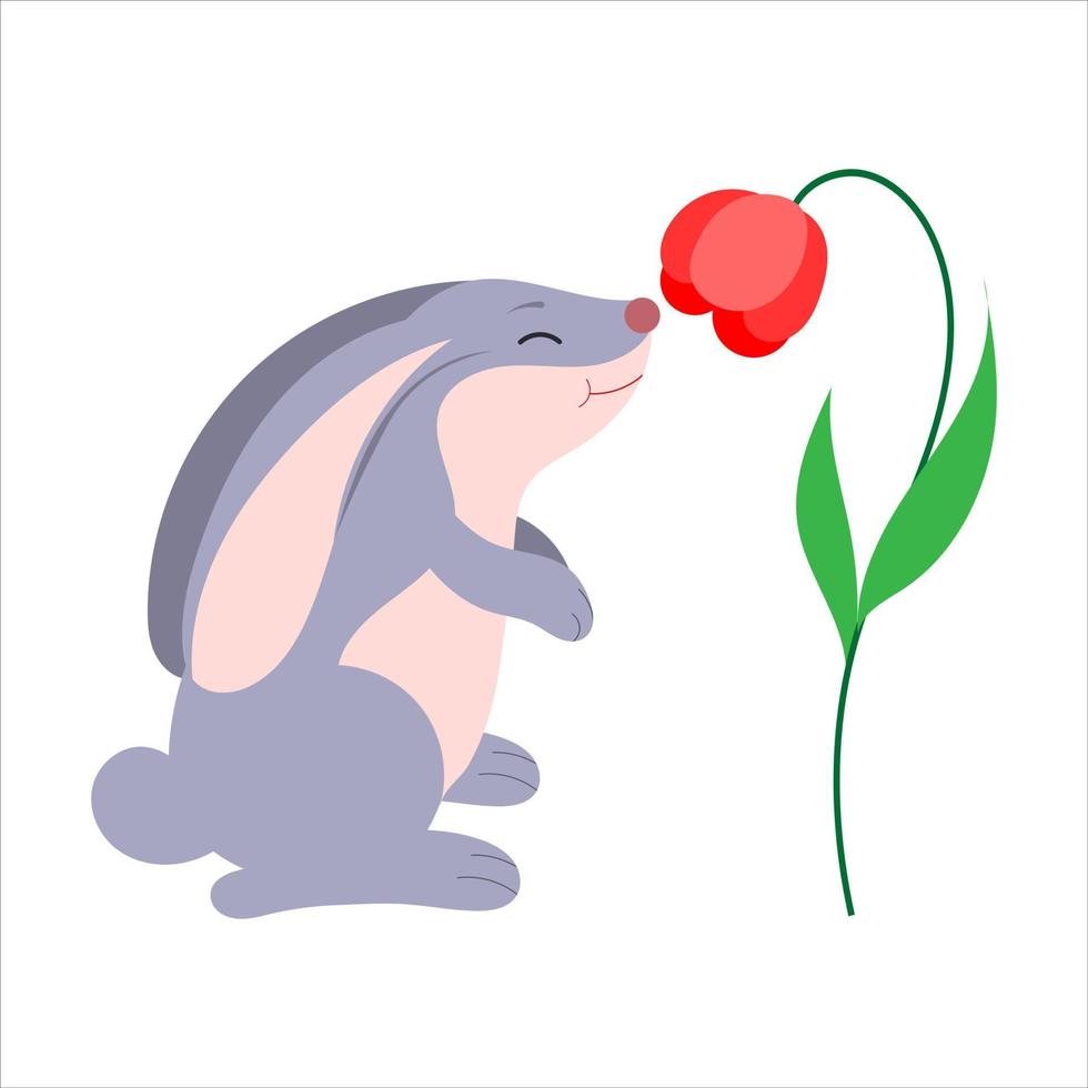 un personaggio dei cartoni animati, una lepre o un coniglio annusa un fiore. vettore