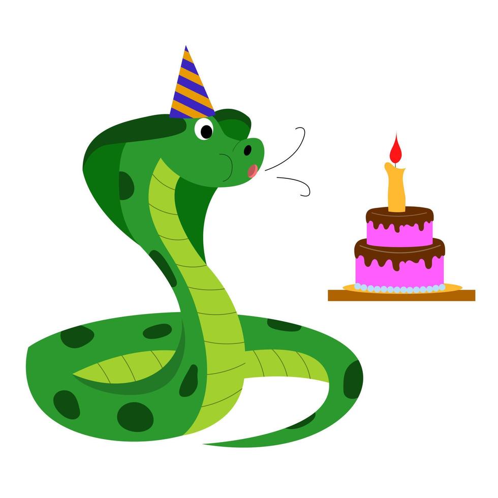 fumetto illustrazione vettoriale per bambini, un serpente festeggia un compleanno