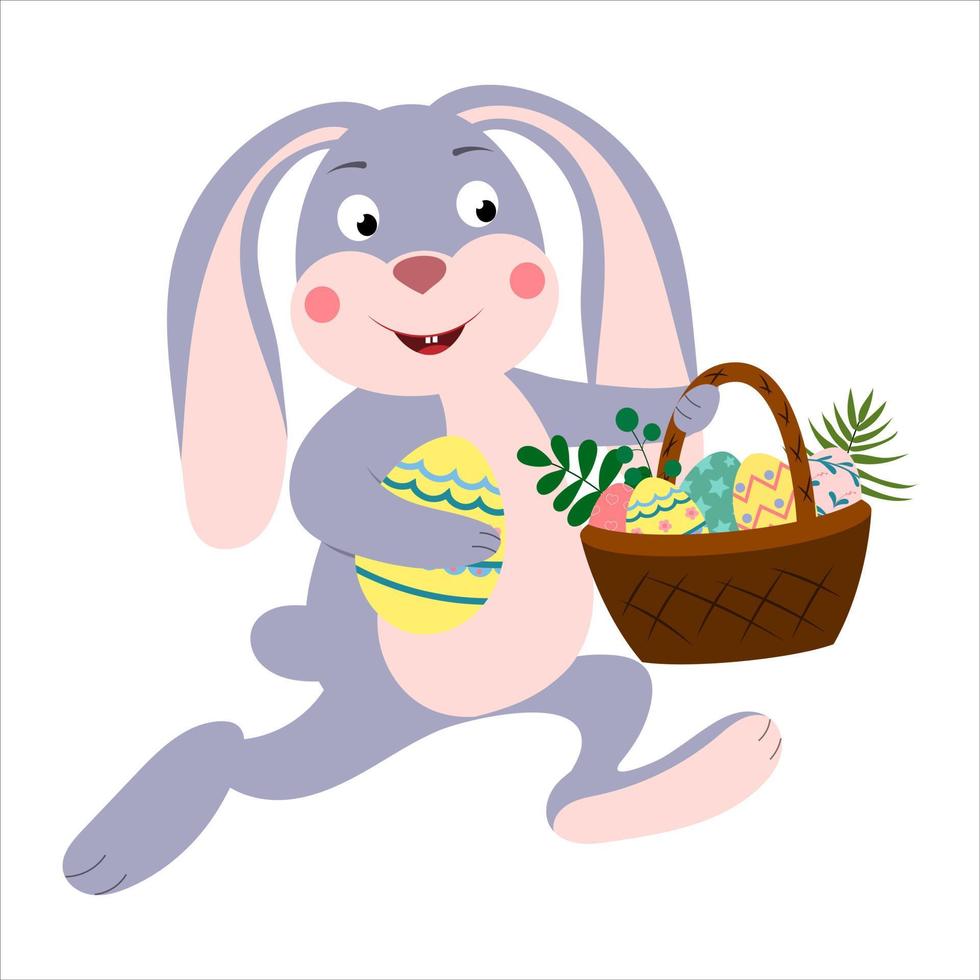 personaggio dei cartoni animati coniglietto di pasqua coniglio con un cesto pieno di uova di Pasqua colorate. vettore