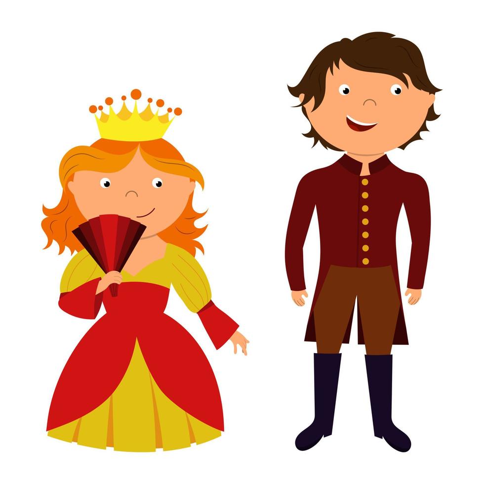 una bellissima principessa delle fiabe e un principe con una corona e un costume. illustrazione per bambini per la stampa e adesivi. vettore