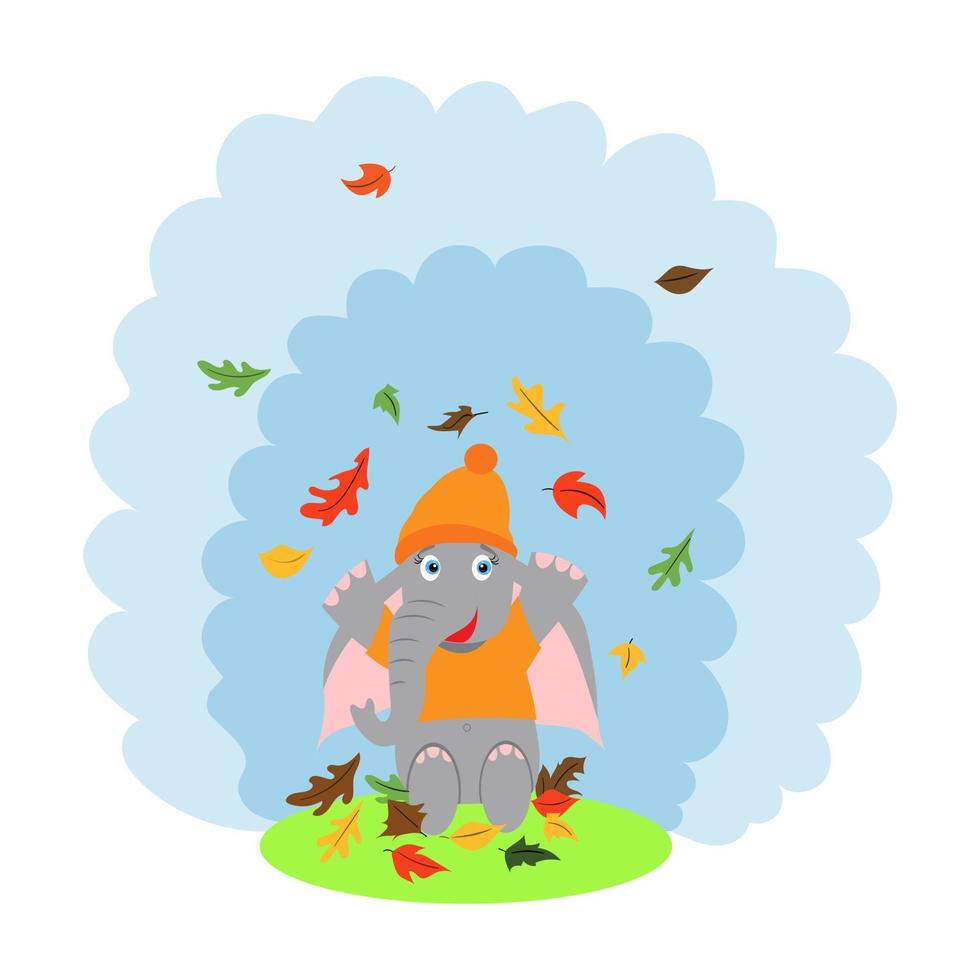 un simpatico e felice elefante cartone animato con un cappello siede in una radura, lanciando foglie autunnali. vettore