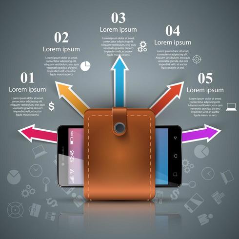 Smartphone, portafoglio, contanti - affari infografica. vettore