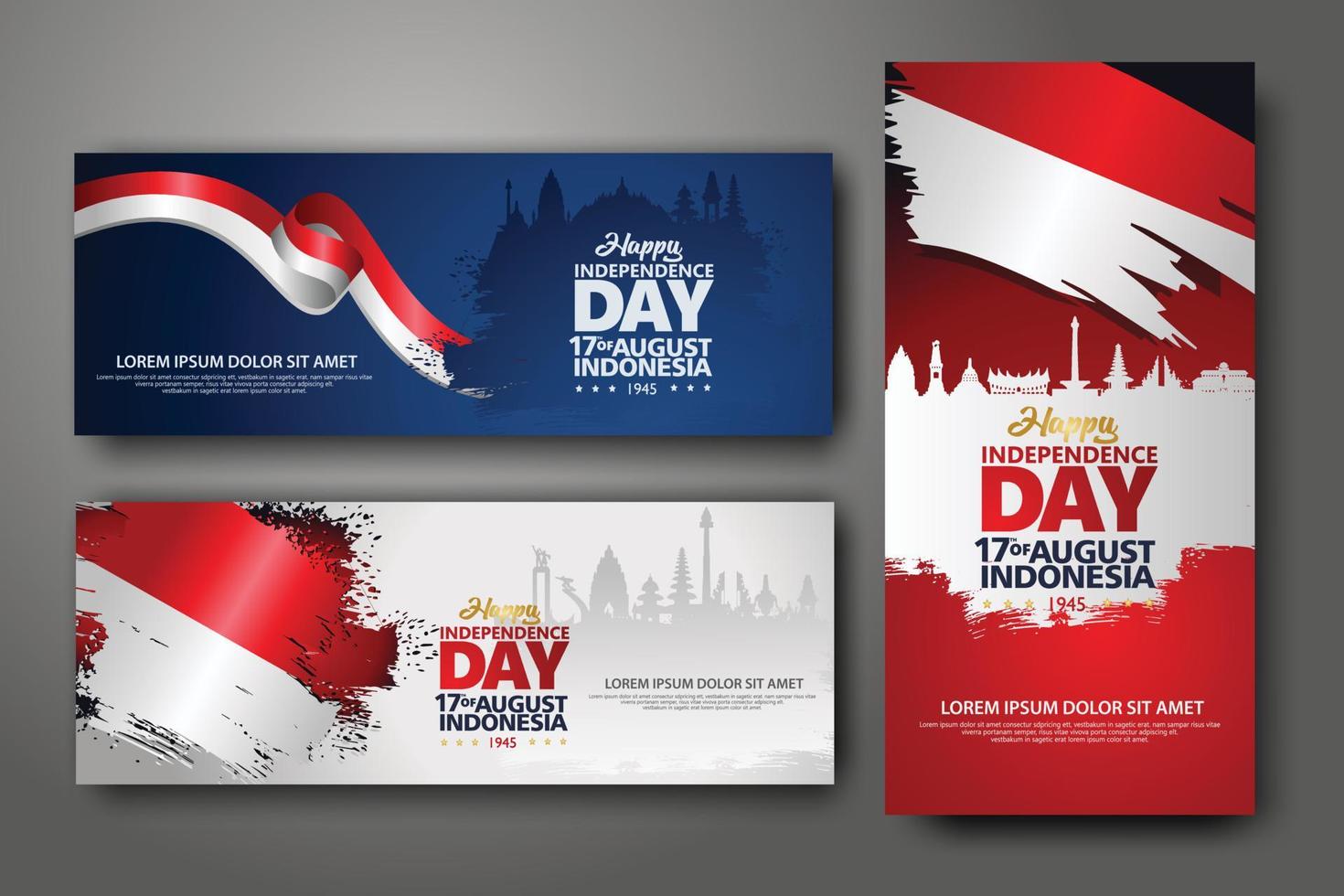 set di banner per la celebrazione del giorno dell'indipendenza indonesiana. 17 agosto felicitation saluto illustrazione vettoriale. sfondi moderni con bandiera indonesiana in stile grunge e icona silhouette città dell'indonesia vettore