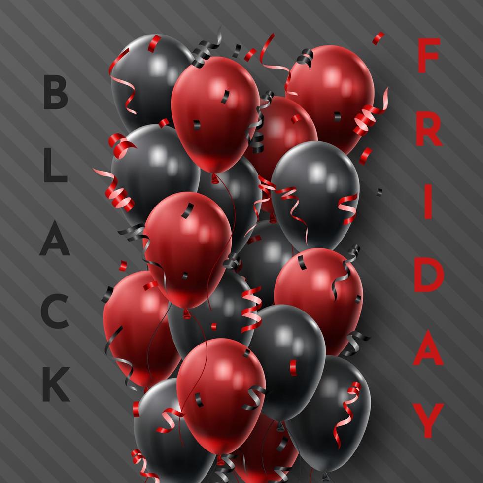 poster di vendita del venerdì nero con palloncini lucidi su sfondo bianco e nero. sfondo vettoriale universale per poster, banner, volantini, carte. illustrazione vettoriale