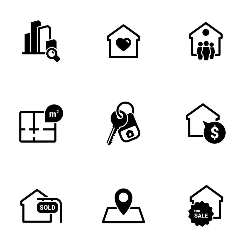 set di icone semplici su un tema immobiliare, vettore, design, collezione, piatto, segno, simbolo, elemento, oggetto, illustrazione, isolato. sfondo bianco vettore