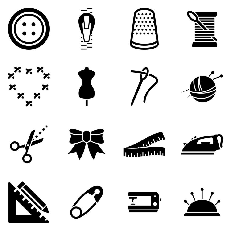 set di icone semplici su un tema attrezzatura per cucire e ricamo, vettore, design, collezione, piatto, segno, simbolo, elemento, oggetto, illustrazione. icone nere isolate su sfondo bianco vettore