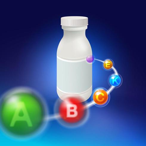 Bottiglia di pillola in plastica bianca vuota con simboli vitaminici vettore
