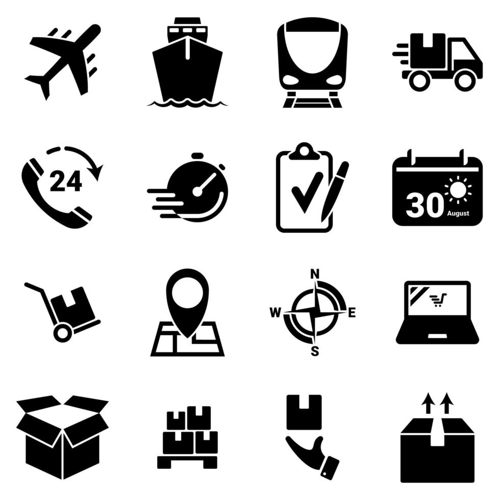 set di icone semplici su un tema trasporto, logistica, carico, vettore, design, piatto, segno, simbolo, elemento, oggetto, illustrazione. icone nere isolate su sfondo bianco vettore