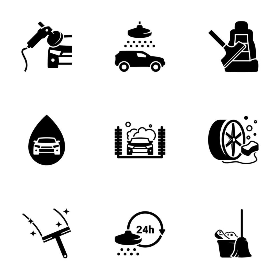 set di icone nere isolate su sfondo bianco, sul tema dell'autolavaggio vettore