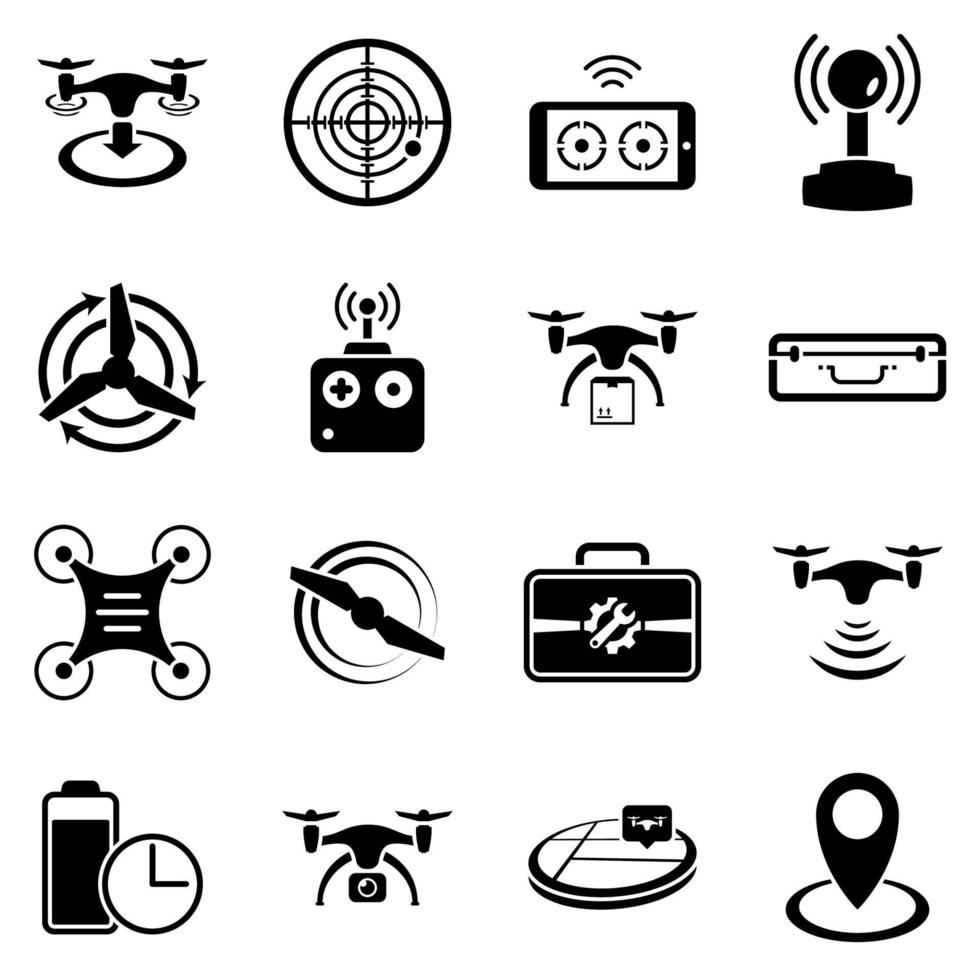 set di icone semplici su un tema drone, vettore, design, raccolta, piatto, segno, simbolo, elemento, oggetto, illustrazione. icone nere isolate su sfondo bianco vettore