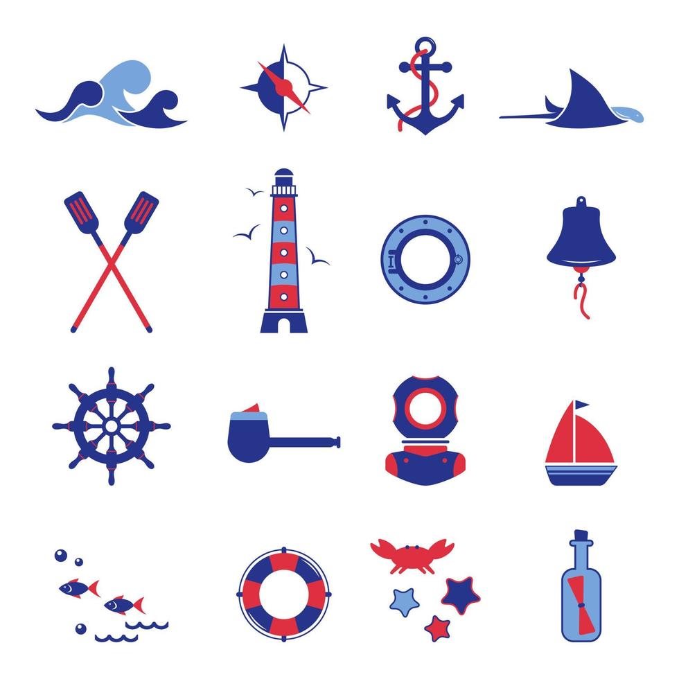 set vettoriale di icone sul tema del mare, navigazione, viaggi per mare. illustrazione nautica di oggetti di navigazione, marinara