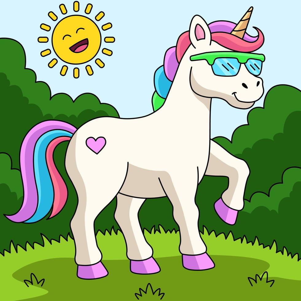 unicorno che indossa occhiali da sole cartone animato colorato vettore