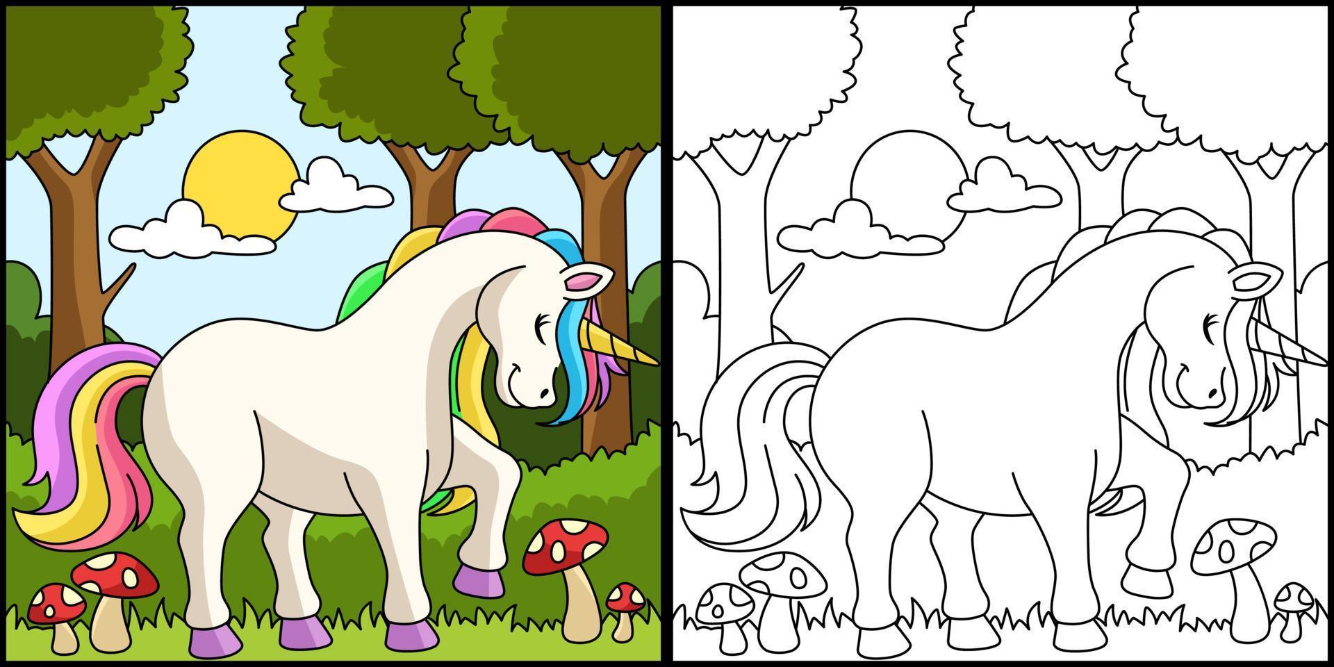 unicorno in una foresta da colorare pagina colorata vettore