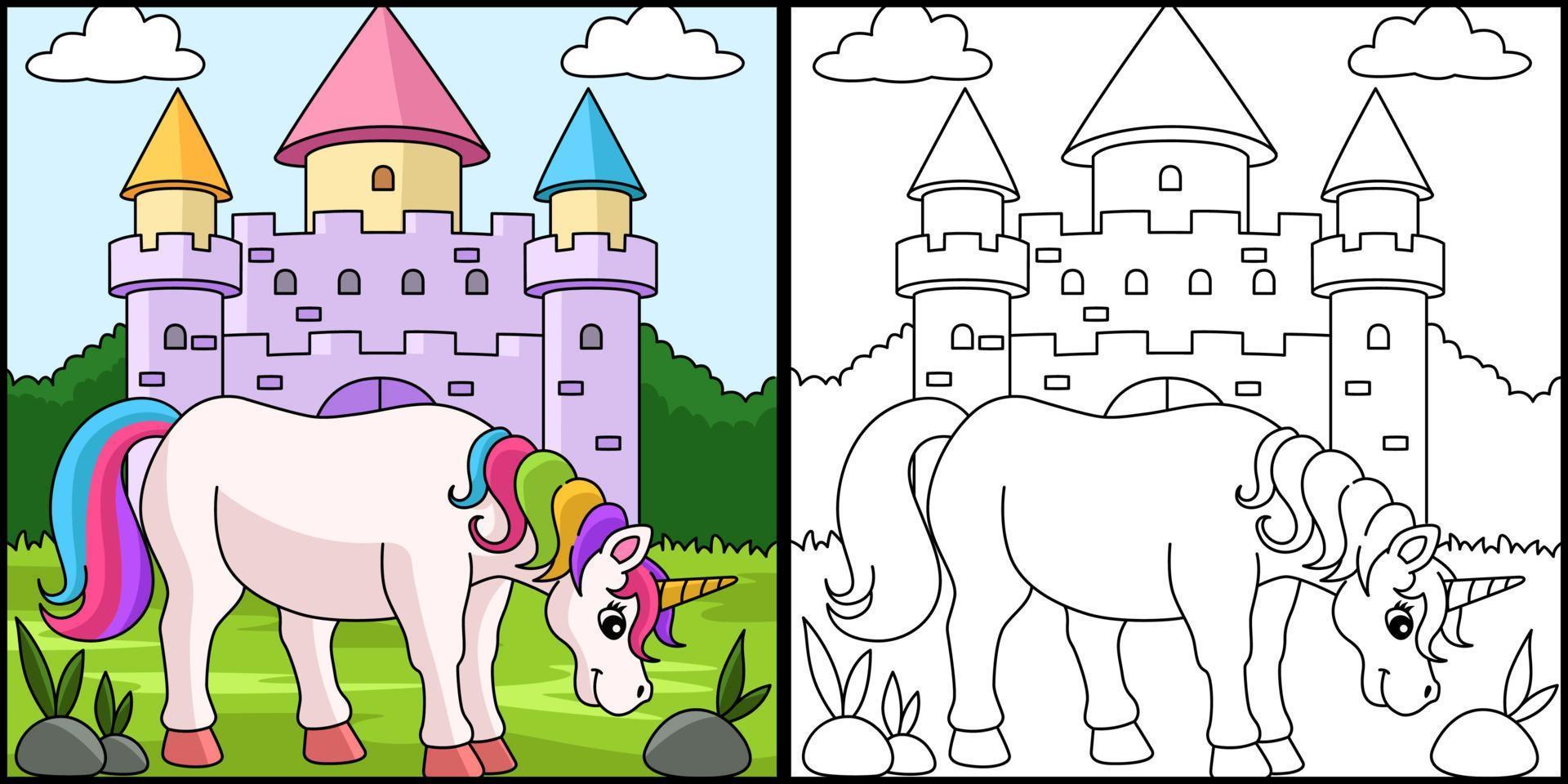 illustrazione colorata della pagina di colorazione del castello di unicorno vettore