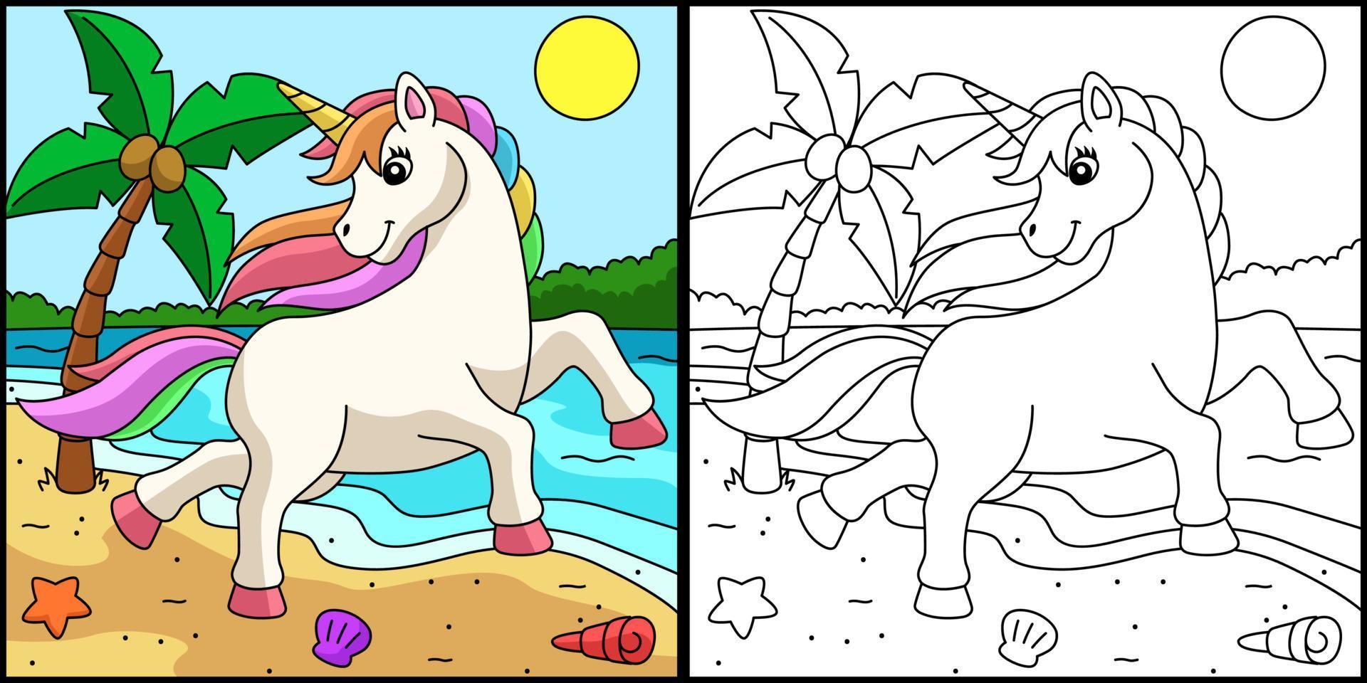 unicorno che passeggia sulla spiaggia da colorare vettore