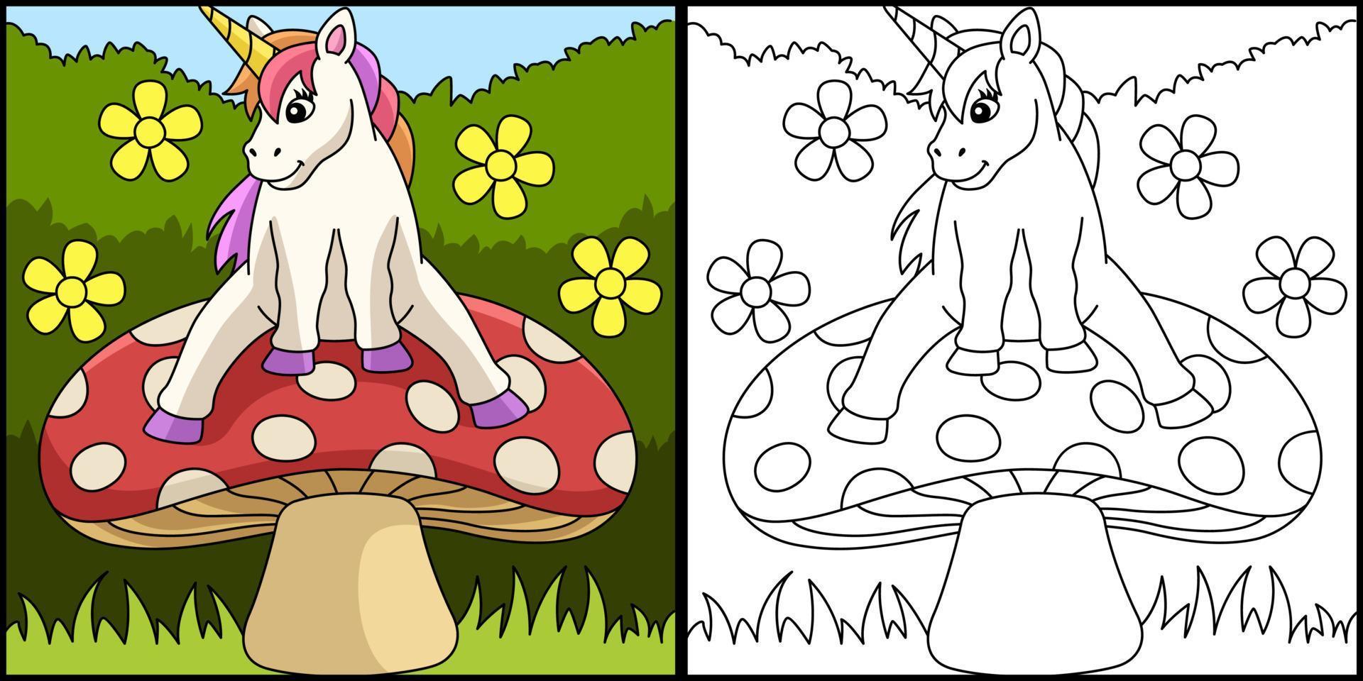 unicorno seduto su una pagina da colorare di funghi vettore