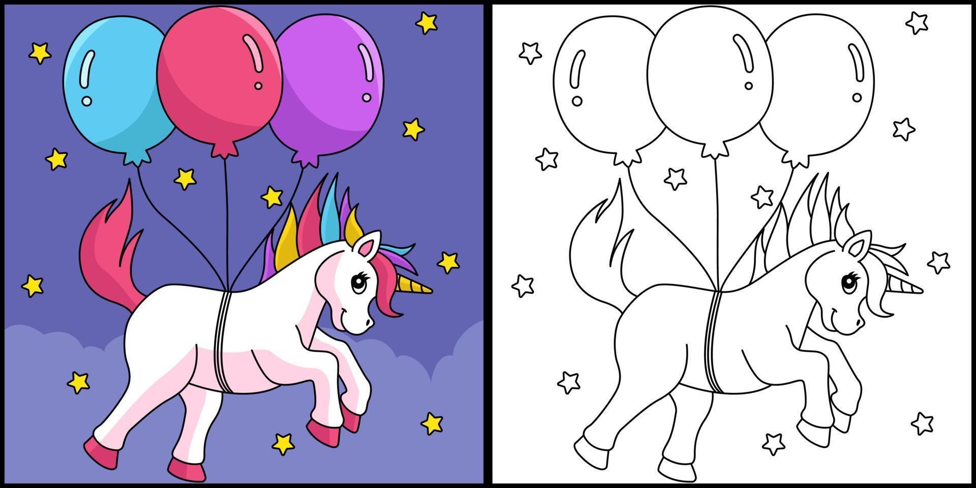 unicorno che galleggia con i palloncini da colorare vettore