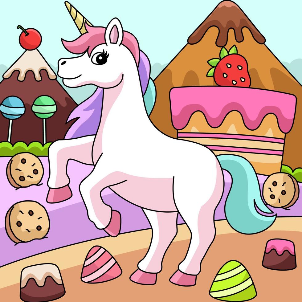 unicorno in cartone animato colorato candyland vettore
