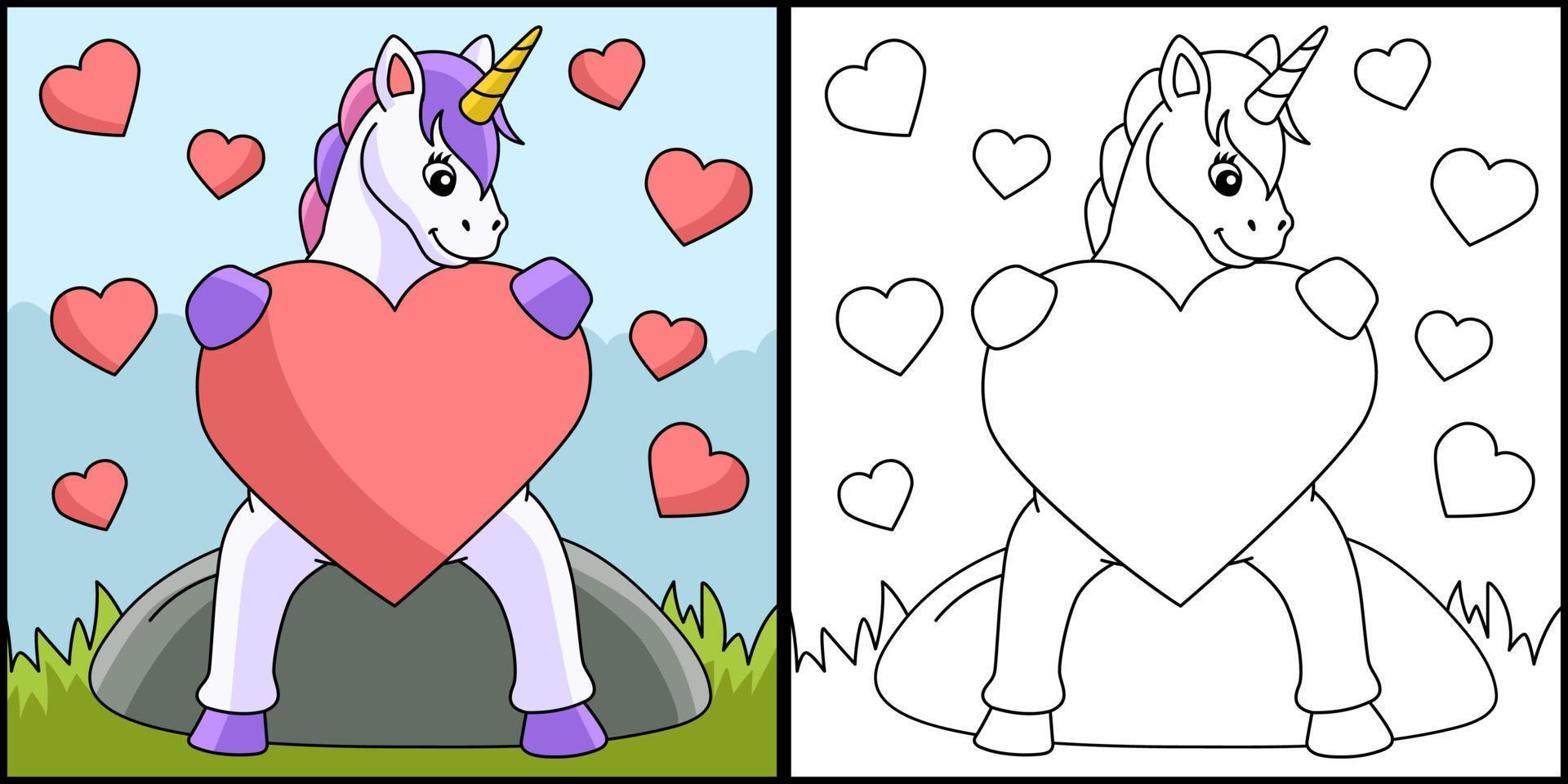 unicorno che abbraccia un cuore da colorare vettore