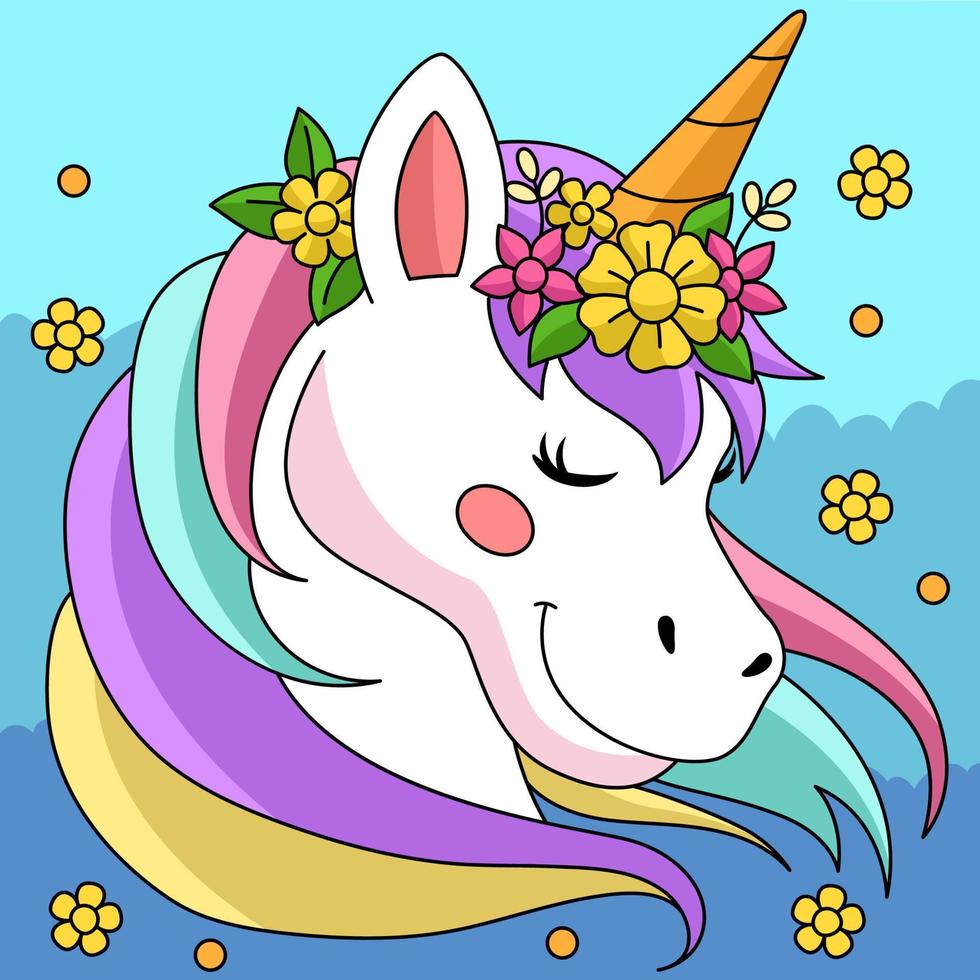 unicorno che indossa un cartone animato colorato con corona di fiori vettore