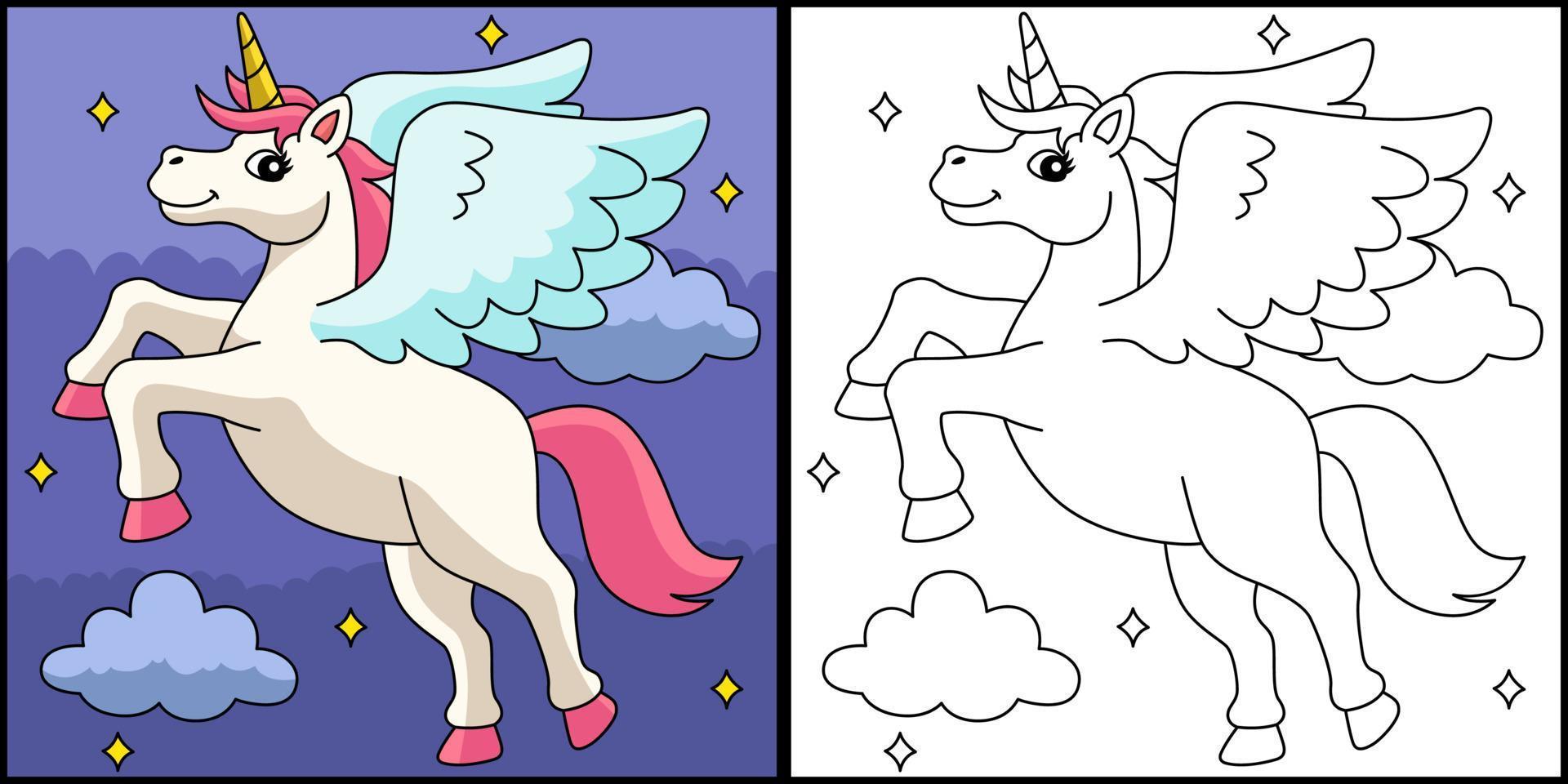 illustrazione colorata della pagina di colorazione dell'unicorno volante vettore