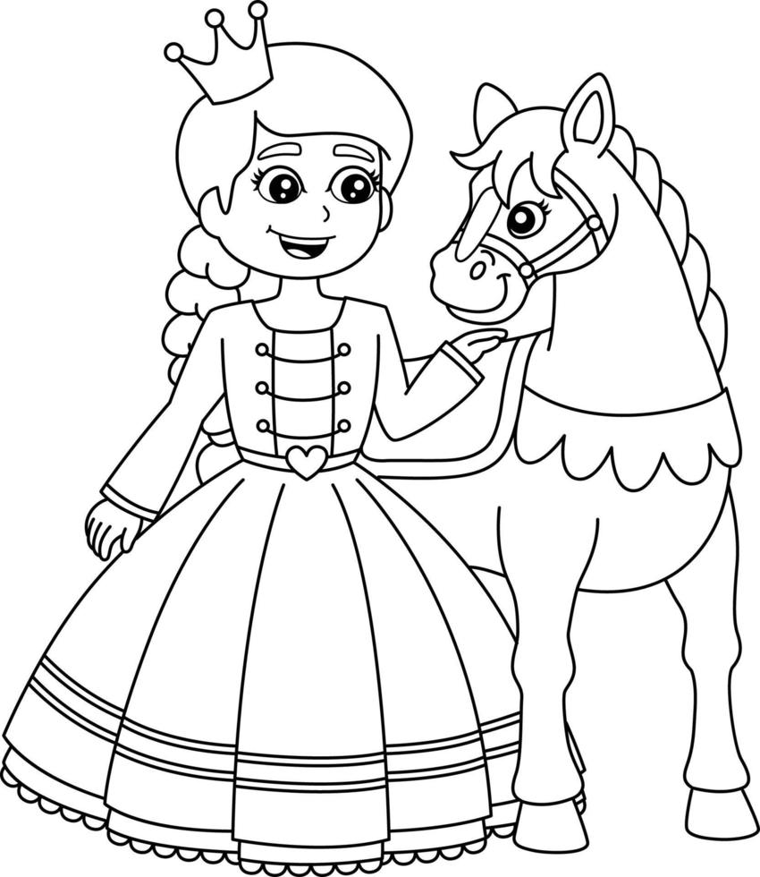 pagina da colorare di principessa e cavallo isolata per i bambini vettore