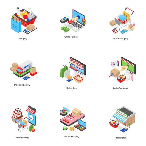 Icone isometriche di e-commerce vettore