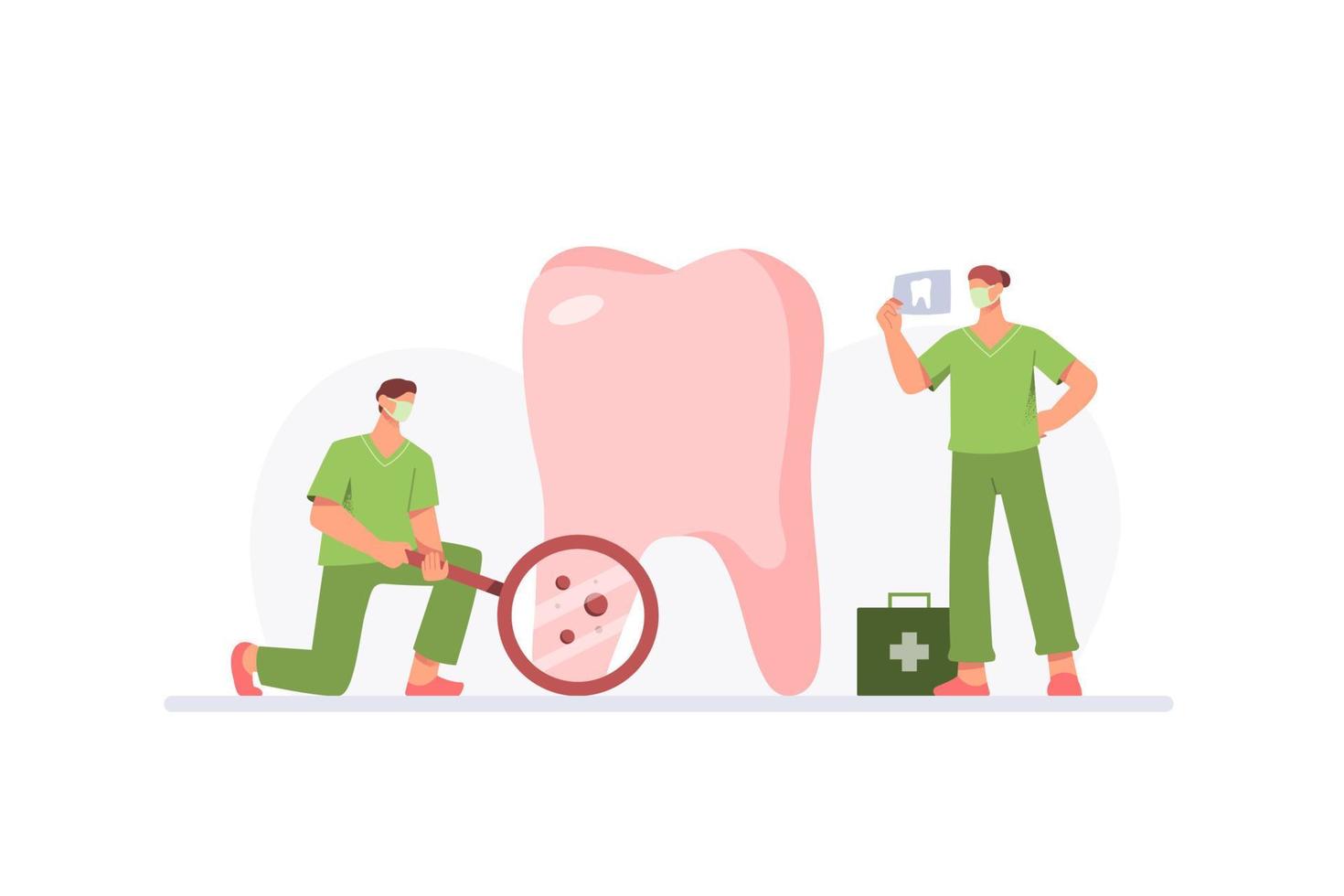 concetto di cura dentale con i medici che esaminano il grande dente in design piatto vettore