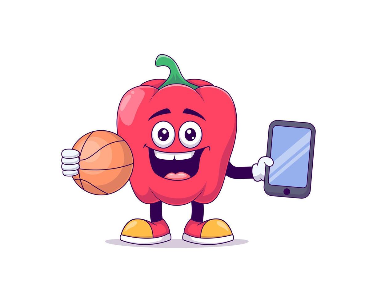 peperone rosso che gioca a basket mascotte dei cartoni animati vettore