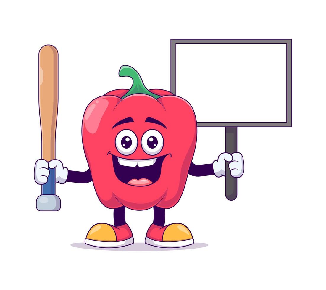 peperone rosso che gioca a baseball mascotte dei cartoni animati vettore