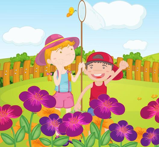 Bambini che catturano le farfalle al giardino vettore