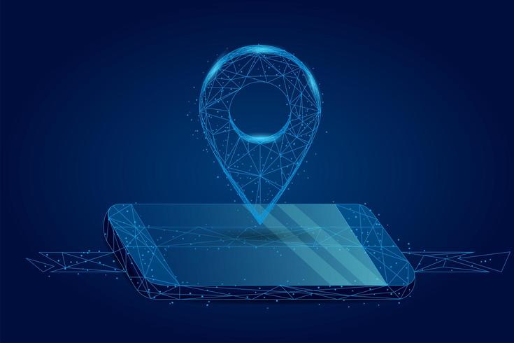 Linea astratta di mash e pin GPS punto sullo schermo mobile. vettore