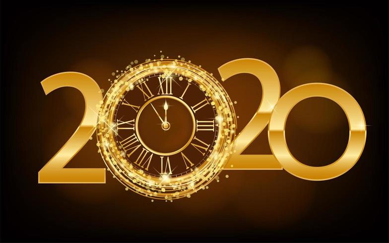 Happy New Year 2020 Orologio d&#39;oro splendente vettore