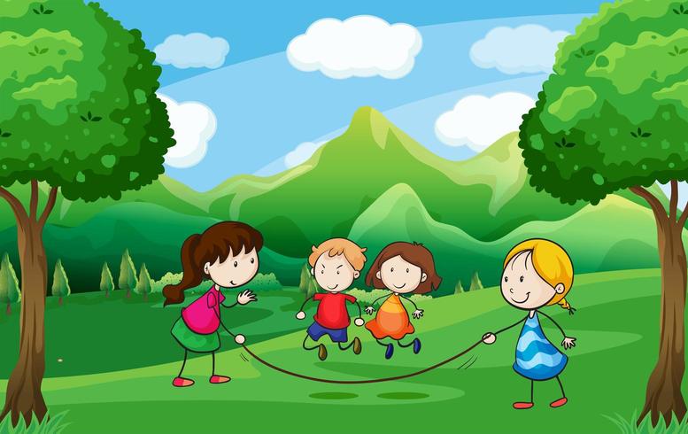 Quattro bambini che giocano all&#39;aperto vicino agli alberi vettore