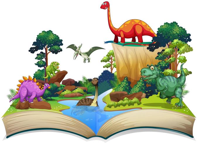 Libro del dinosauro nella foresta vettore